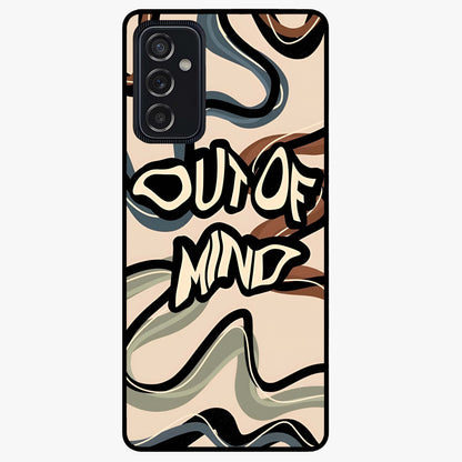 Out Of Mind Glass Case showing flat back view with expressive typography artwork and glossy glass finish.