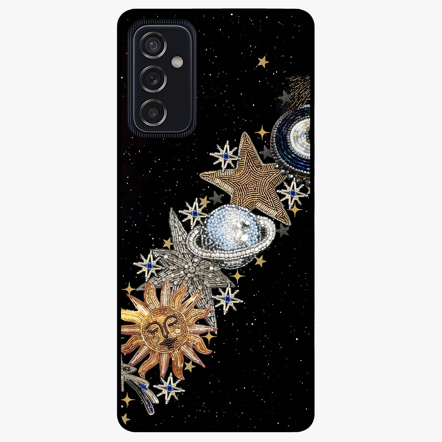 Pearls Universe Object Glass Case showing flat back view with pearl inspired cosmic artwork and glossy glass finish.