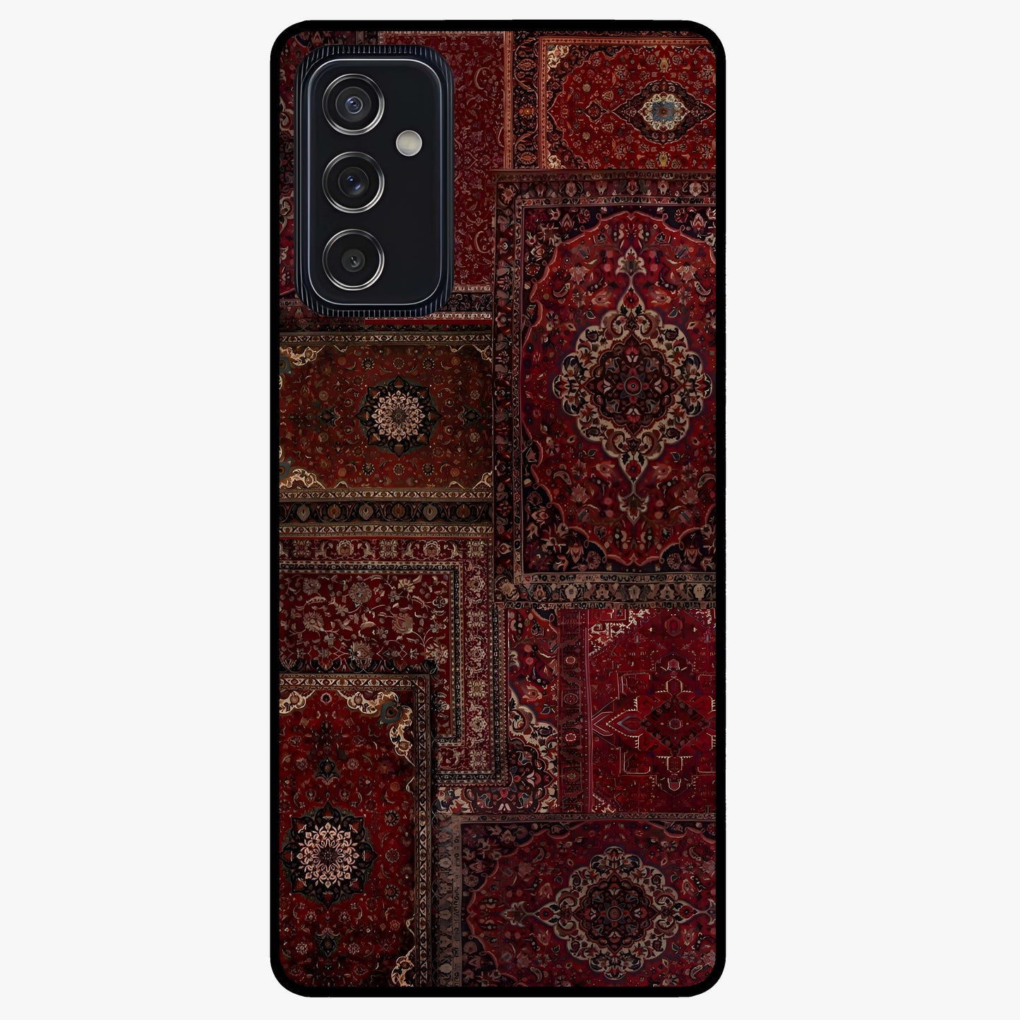 Persian Velvet Tale Glass Case showing flat back view with luxurious Persian velvet pattern artwork and glossy glass finish.