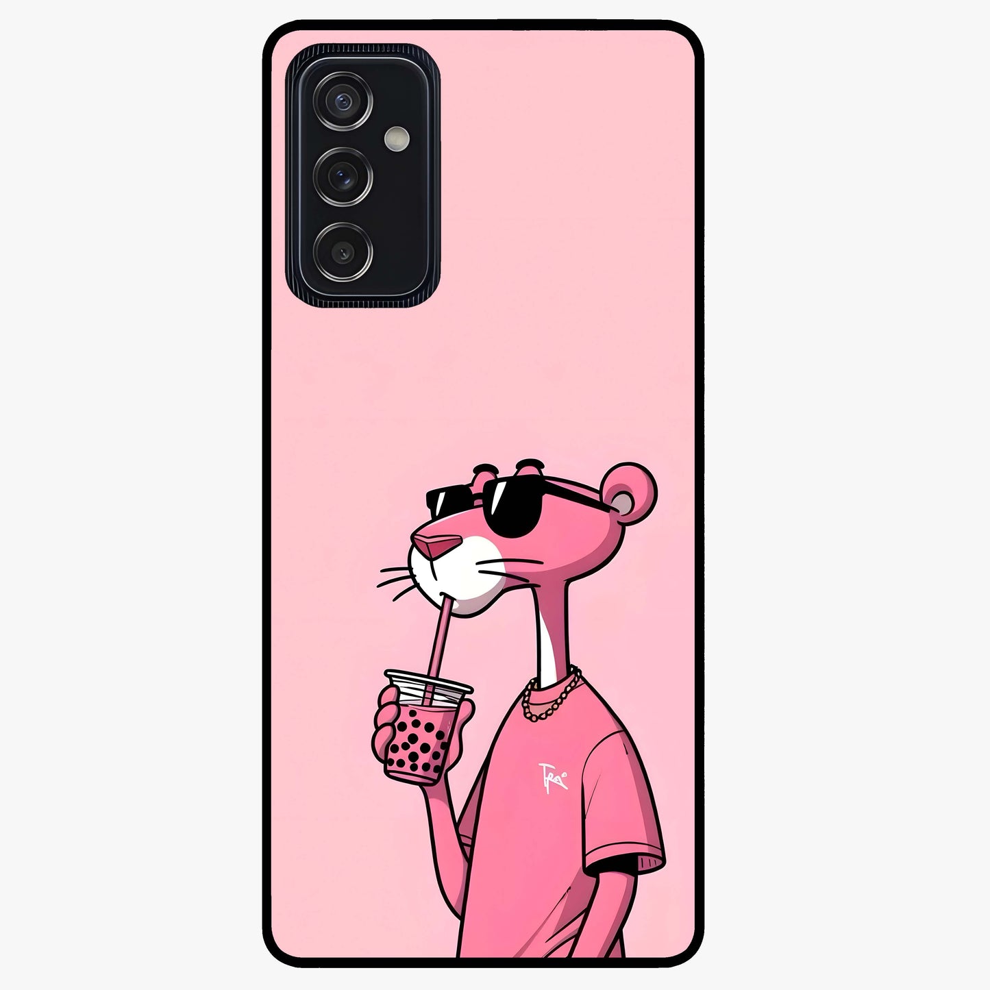 Pink Panther Glass Case showing flat back view with iconic pink panther artwork and glossy glass finish.