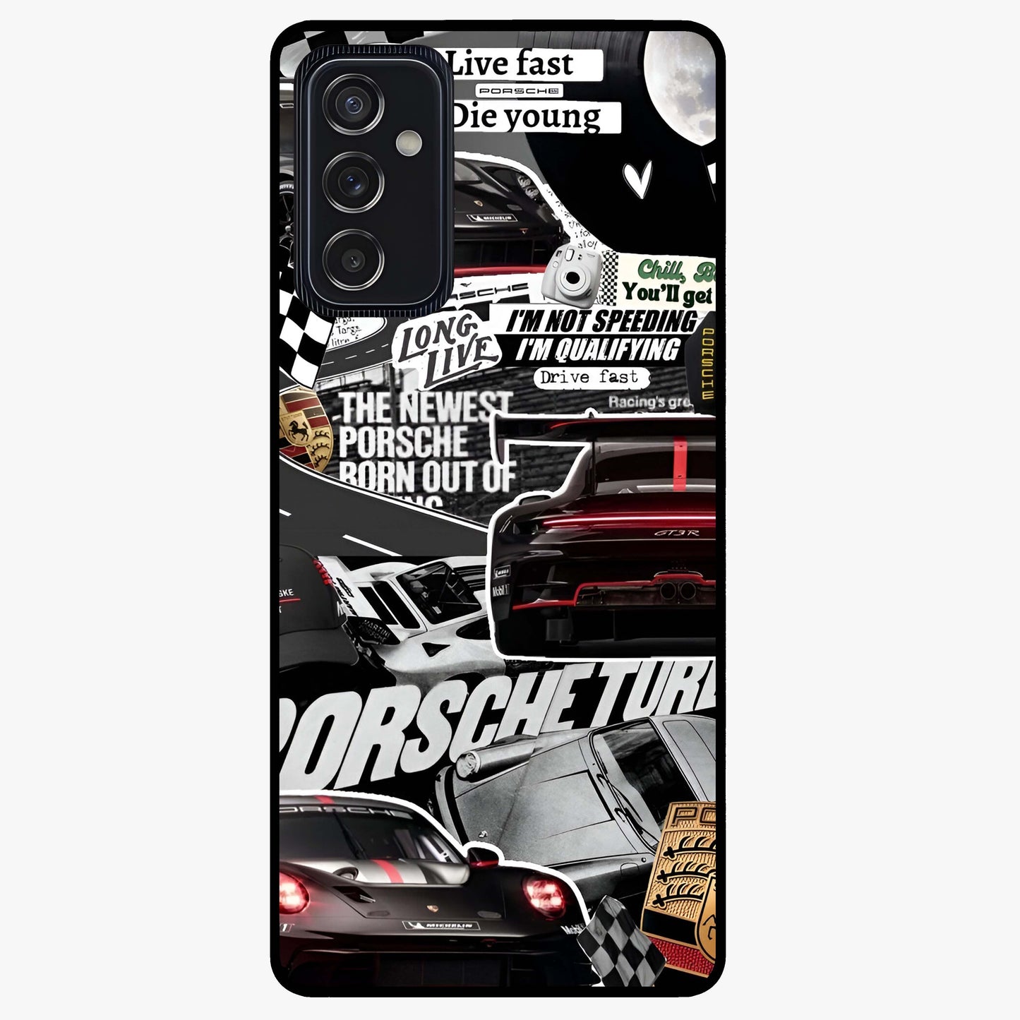 Porsche Racing Collage Glass Case showing flat back view with sports car racing collage artwork and glossy glass finish.
