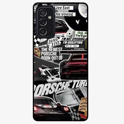 Porsche Racing Collage Glass Case showing flat back view with sports car racing collage artwork and glossy glass finish.