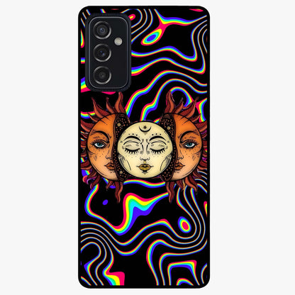 Psychedelic Sun Glass Case showing flat back view with colorful psychedelic sun artwork and glossy glass finish.