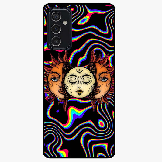 Psychedelic Sun Glass Case showing flat back view with colorful psychedelic sun artwork and glossy glass finish.