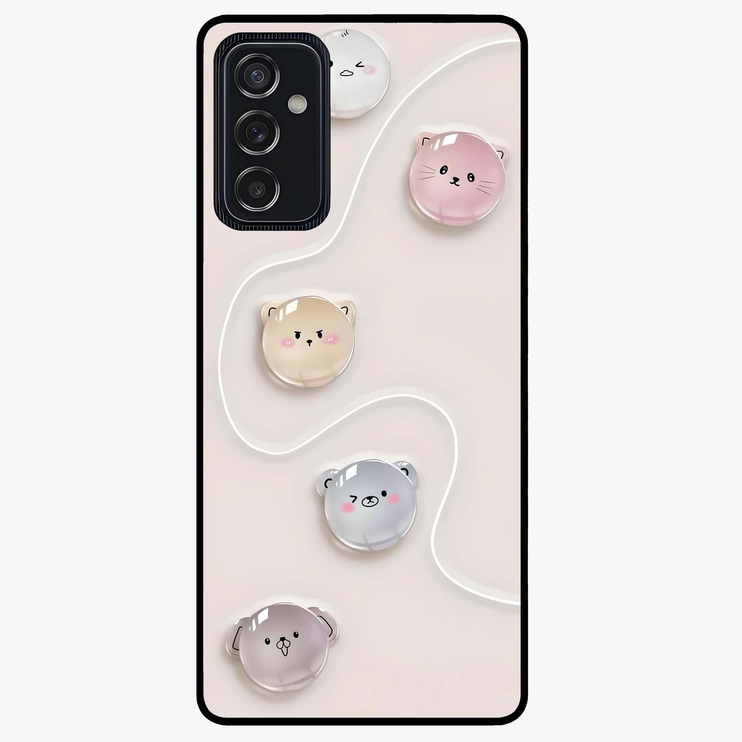 Puffy Face Parade Glass Case showing flat back view with cute puffy character faces artwork and glossy glass finish.