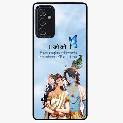 Radha Krishna Eternal Glass Case showing flat back view with Radha Krishna devotional artwork and glossy glass finish.