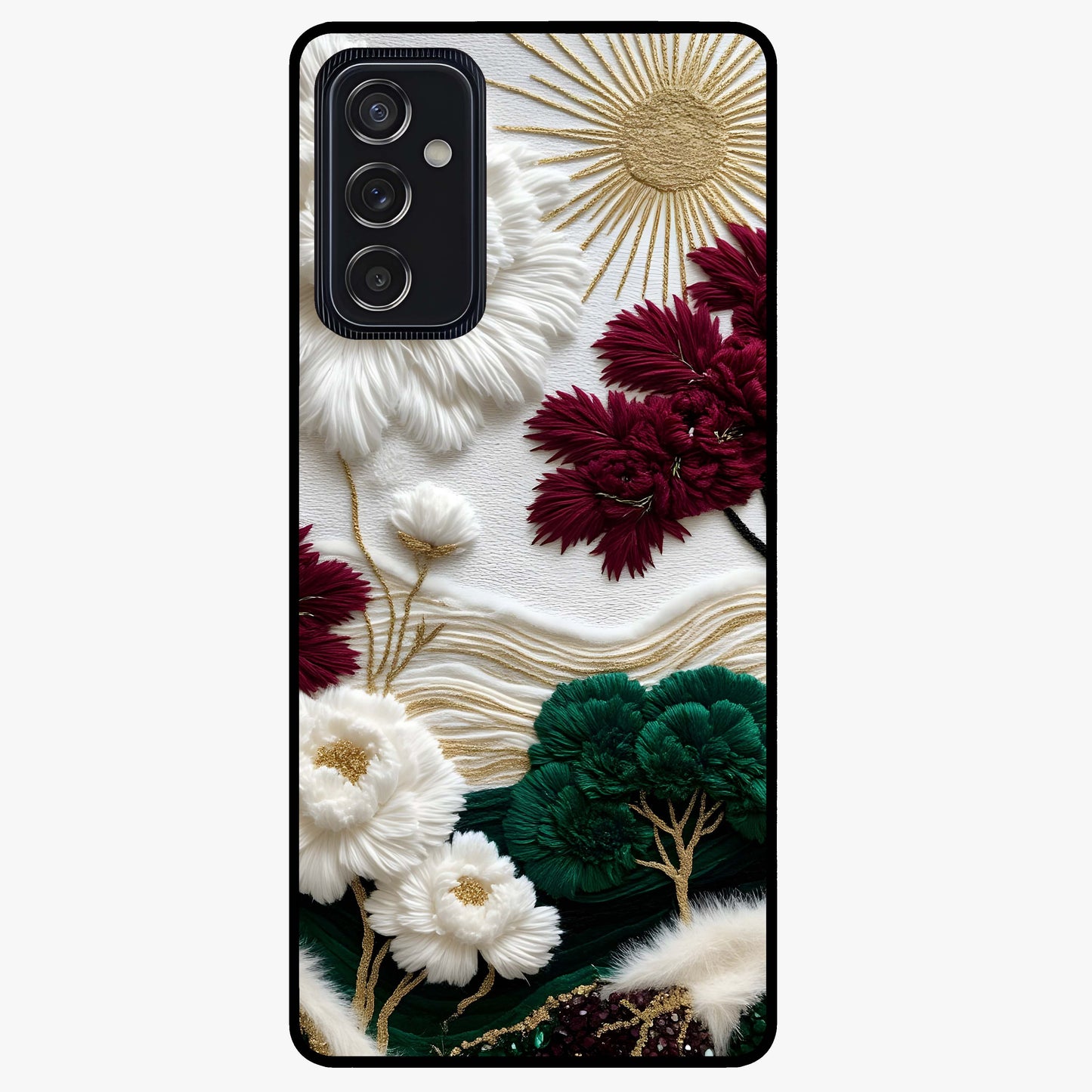 Radiant Bloom Elegance Glass Case showing flat back view with elegant blooming flower artwork and glossy glass finish.