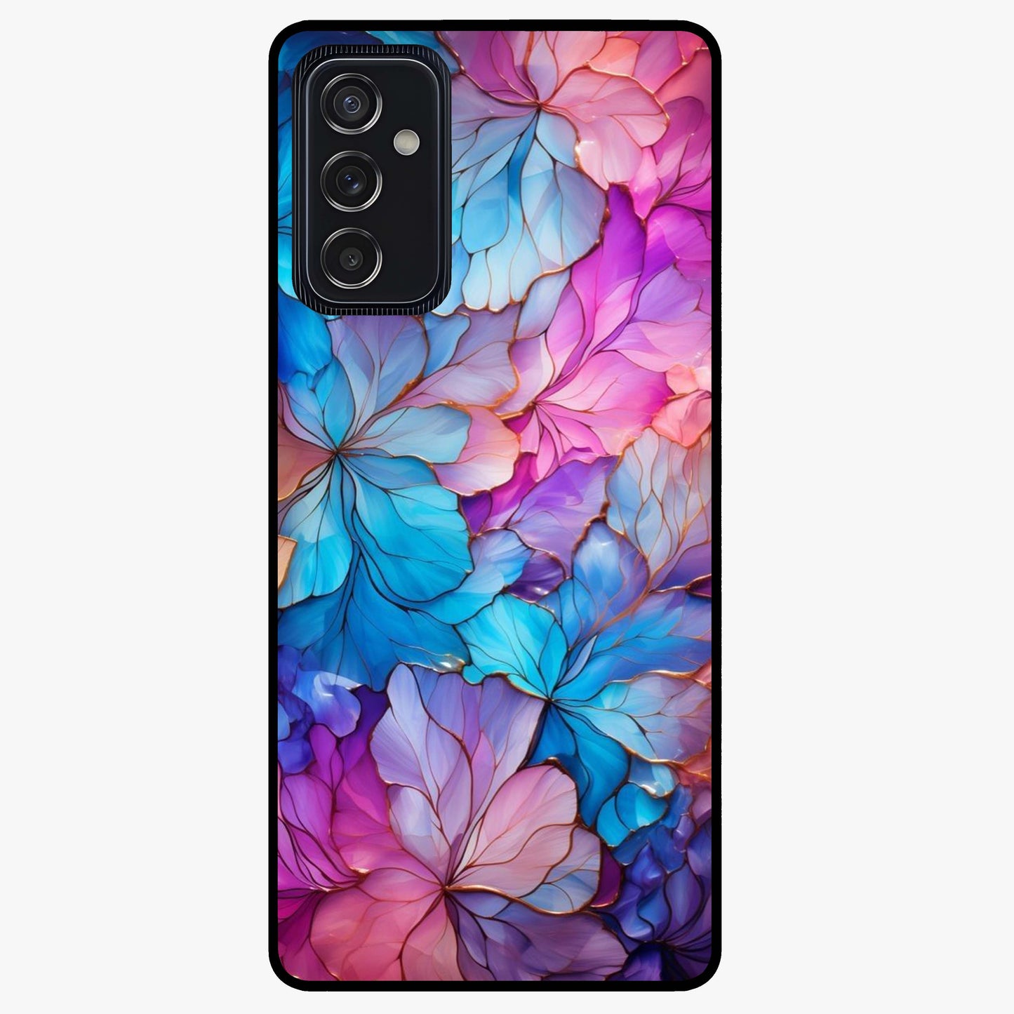 Radiant Floral Whirl Glass Case showing flat back view with swirling floral artwork and glossy glass finish.