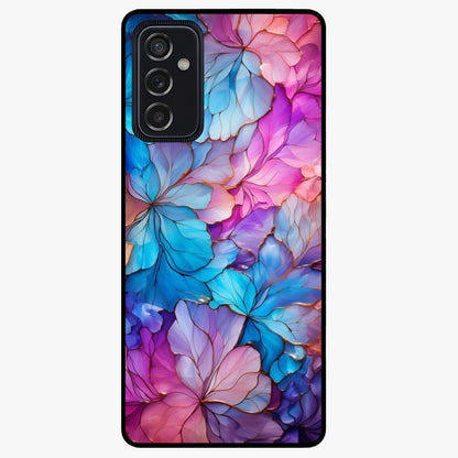 Radiant Floral Whirl Glass Case showing flat back view with swirling floral artwork and glossy glass finish.