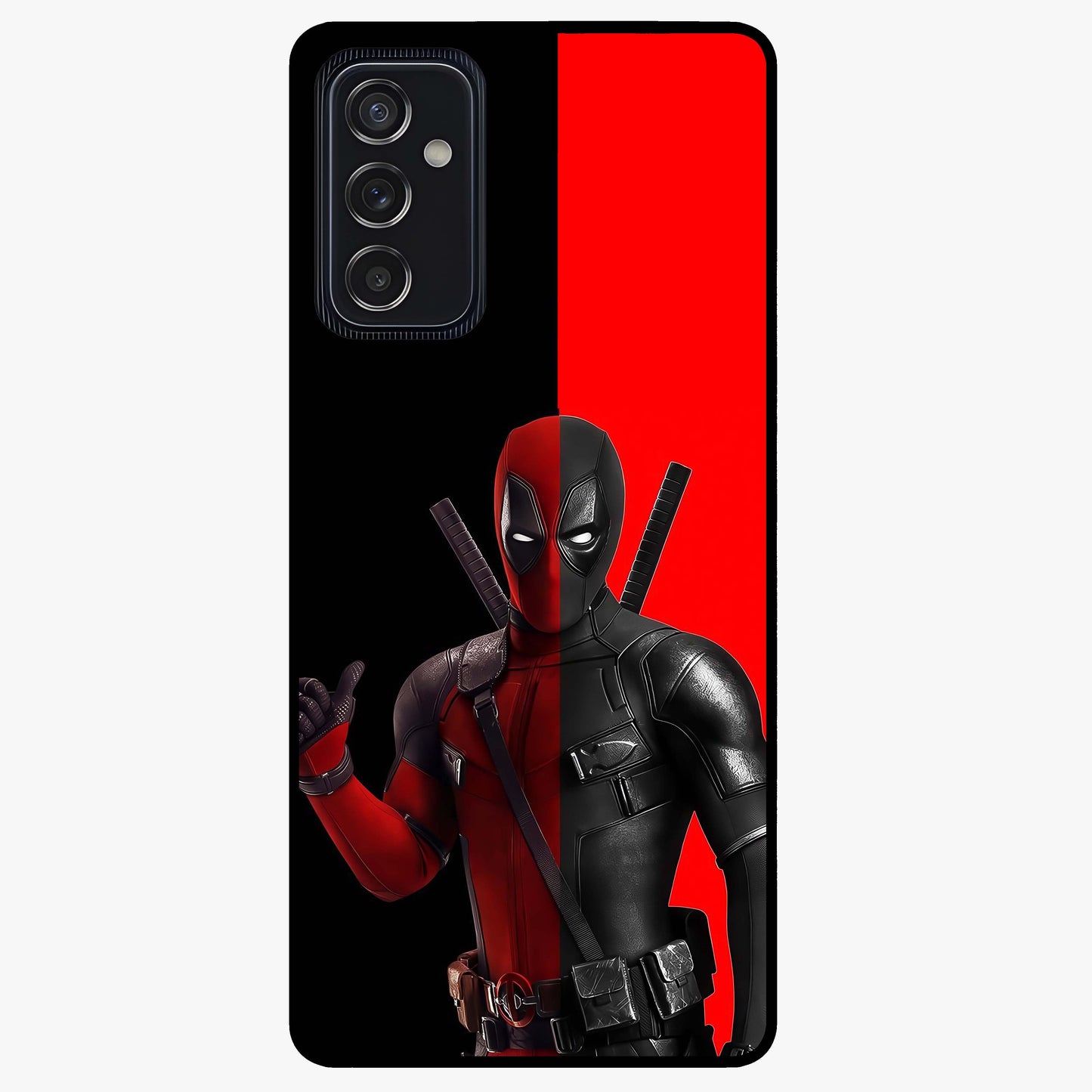 Red & Black Deadpool Theme Glass Case showing flat back view with bold comic inspired artwork and glossy glass finish.