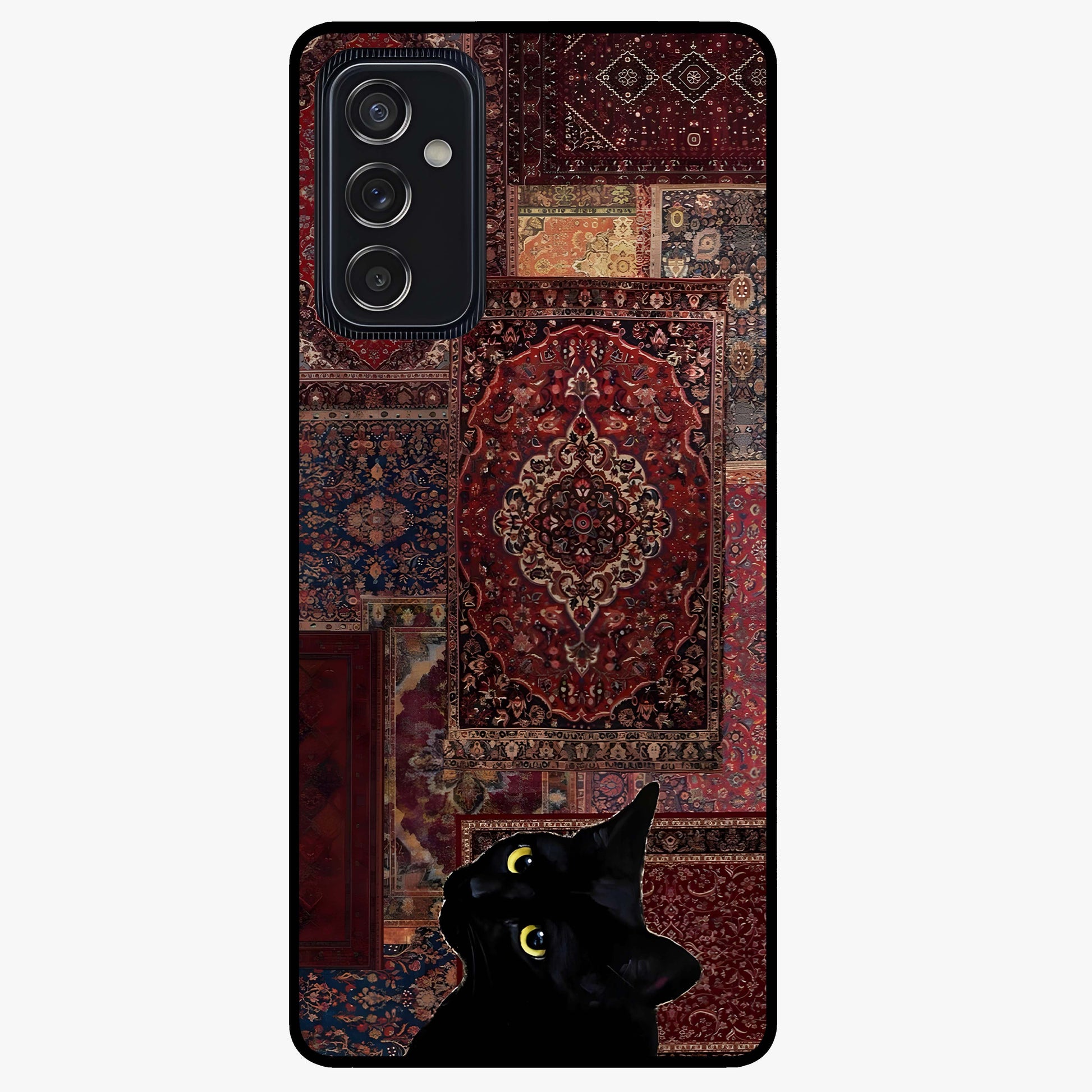 Regal Magic Cat Apple Glass Case showing flat back view with magical cat artwork holding apple and glossy glass finish.