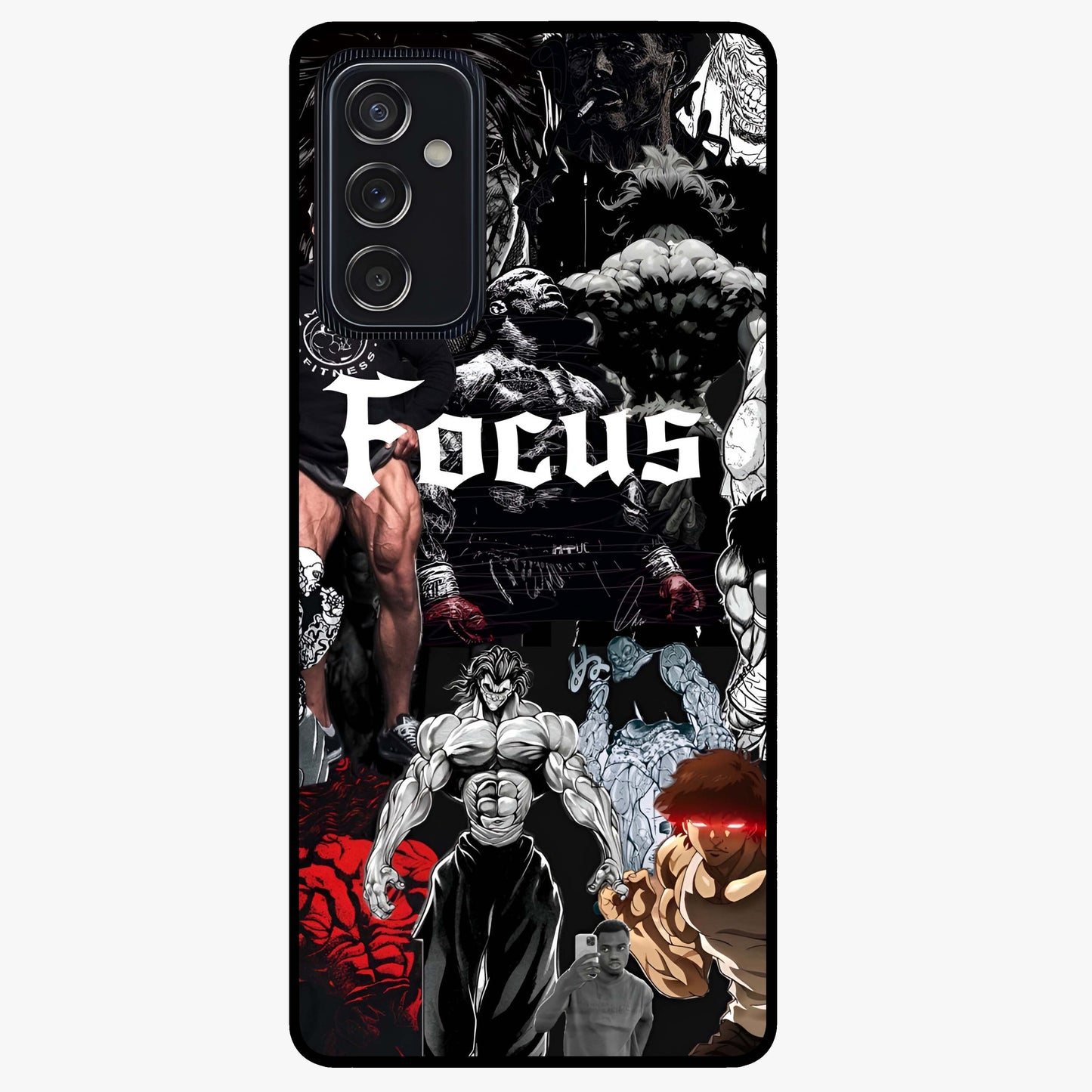 Relentless Power Focus Glass Case showing flat back view with motivational typography artwork and glossy glass finish.