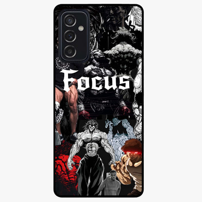 Relentless Power Focus Glass Case showing flat back view with motivational typography artwork and glossy glass finish.