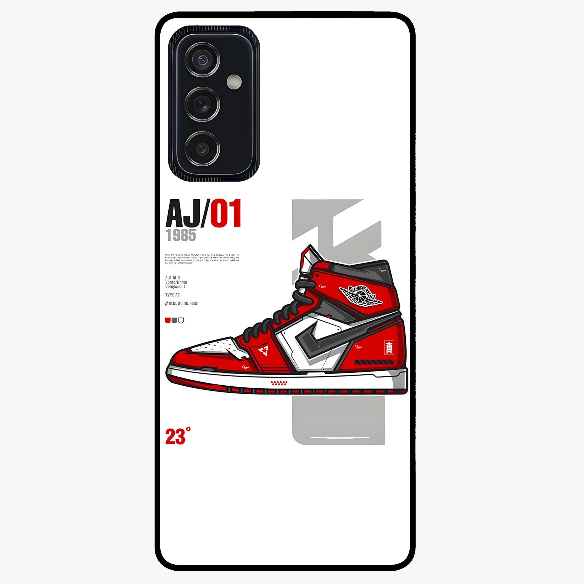 Retro Sneaker Blueprint Glass Case showing flat back view with sneaker blueprint style artwork and glossy glass finish.