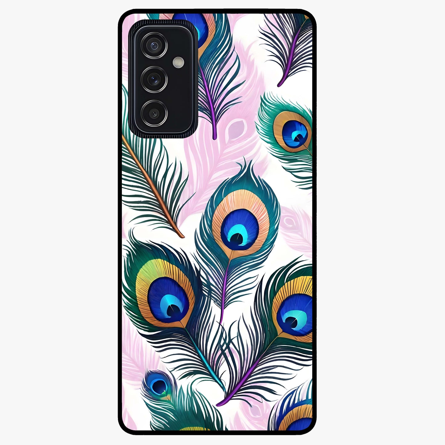 Royal Peacock Feathers Glass Case showing flat back view with colorful peacock feather artwork and glossy glass finish.