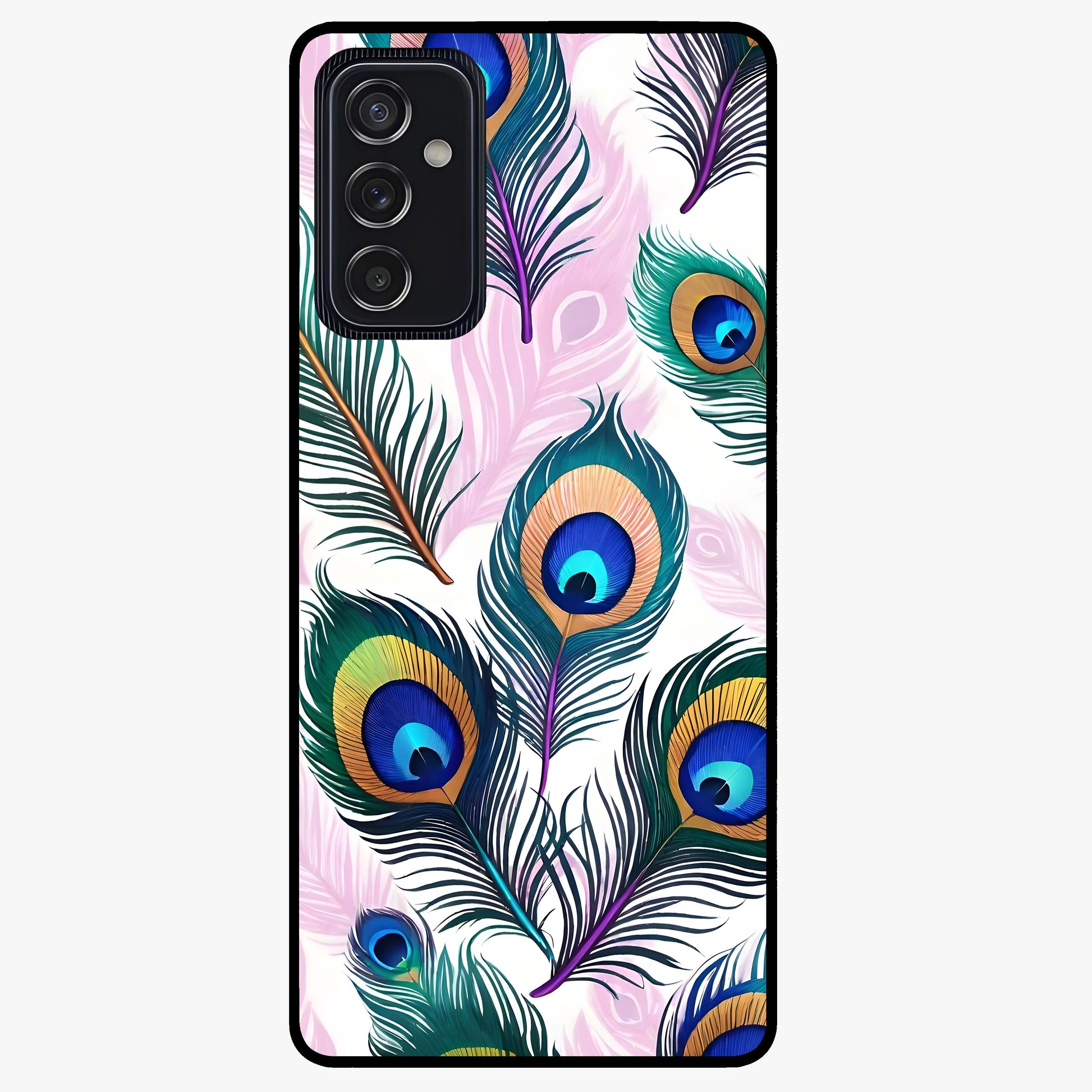 Royal Peacock Feathers Glass Case showing flat back view with colorful peacock feather artwork and glossy glass finish.