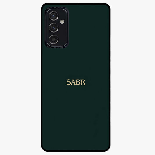 Sabr Minimal Patience Glass Case showing flat back view with minimalist typography artwork and glossy glass finish.