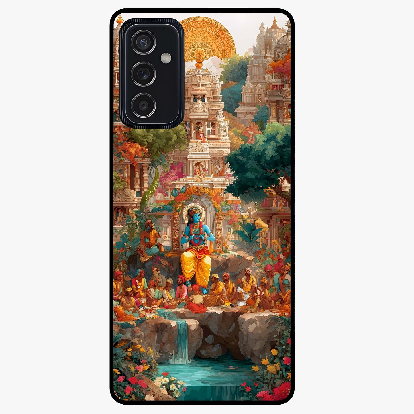 Sacred Sunlight Gods Glass Case showing flat back view with divine sunlight themed artwork and glossy glass finish.