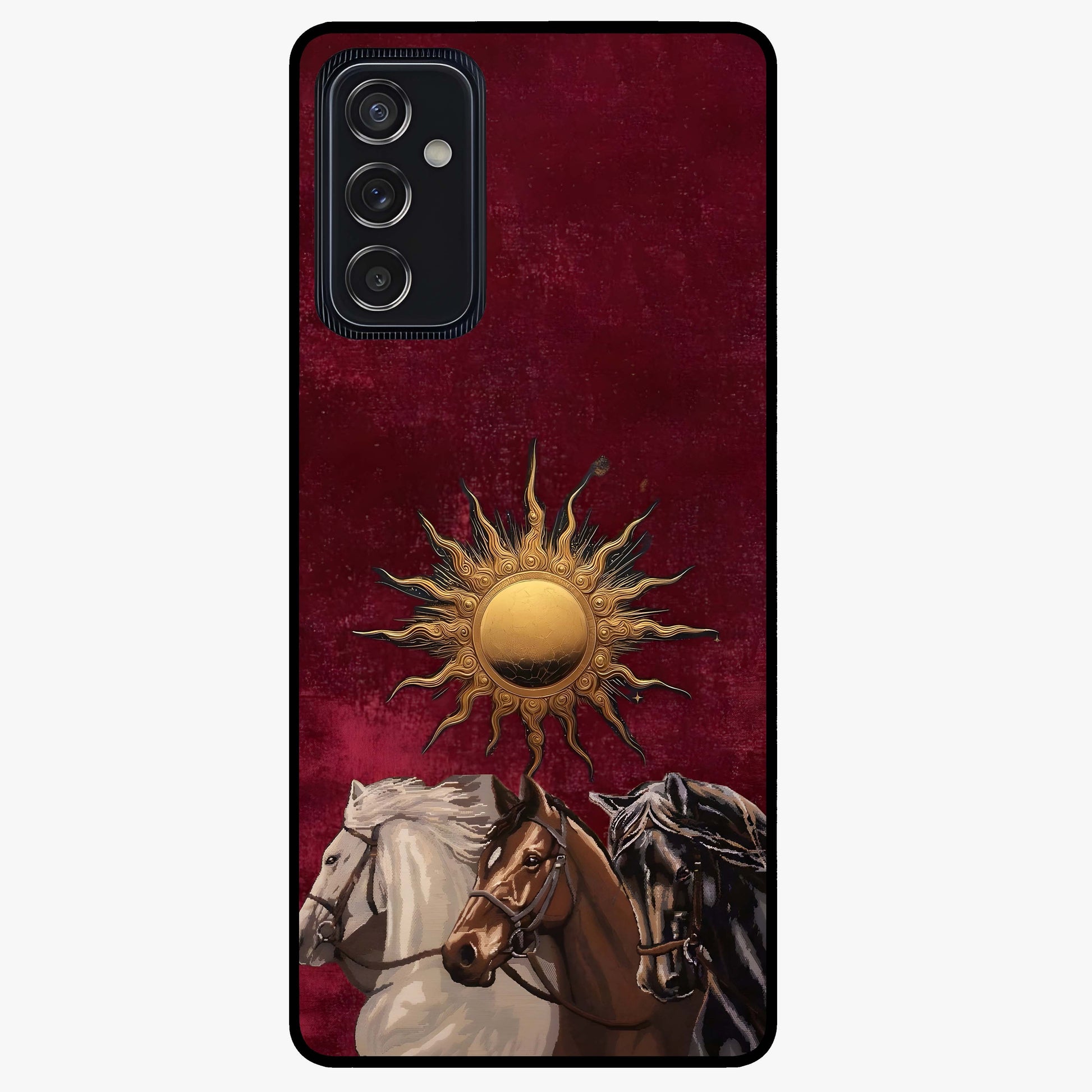 Solar Riders Glass Case showing flat back view with dynamic rider themed artwork and glossy glass finish.
