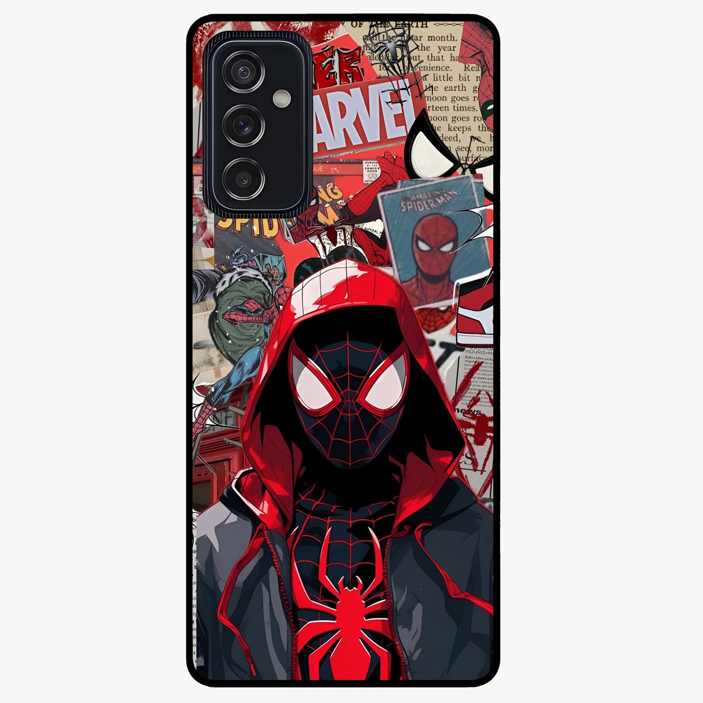 Spider Collage Street Glass Case showing flat back view with vibrant superhero collage artwork and glossy glass finish.