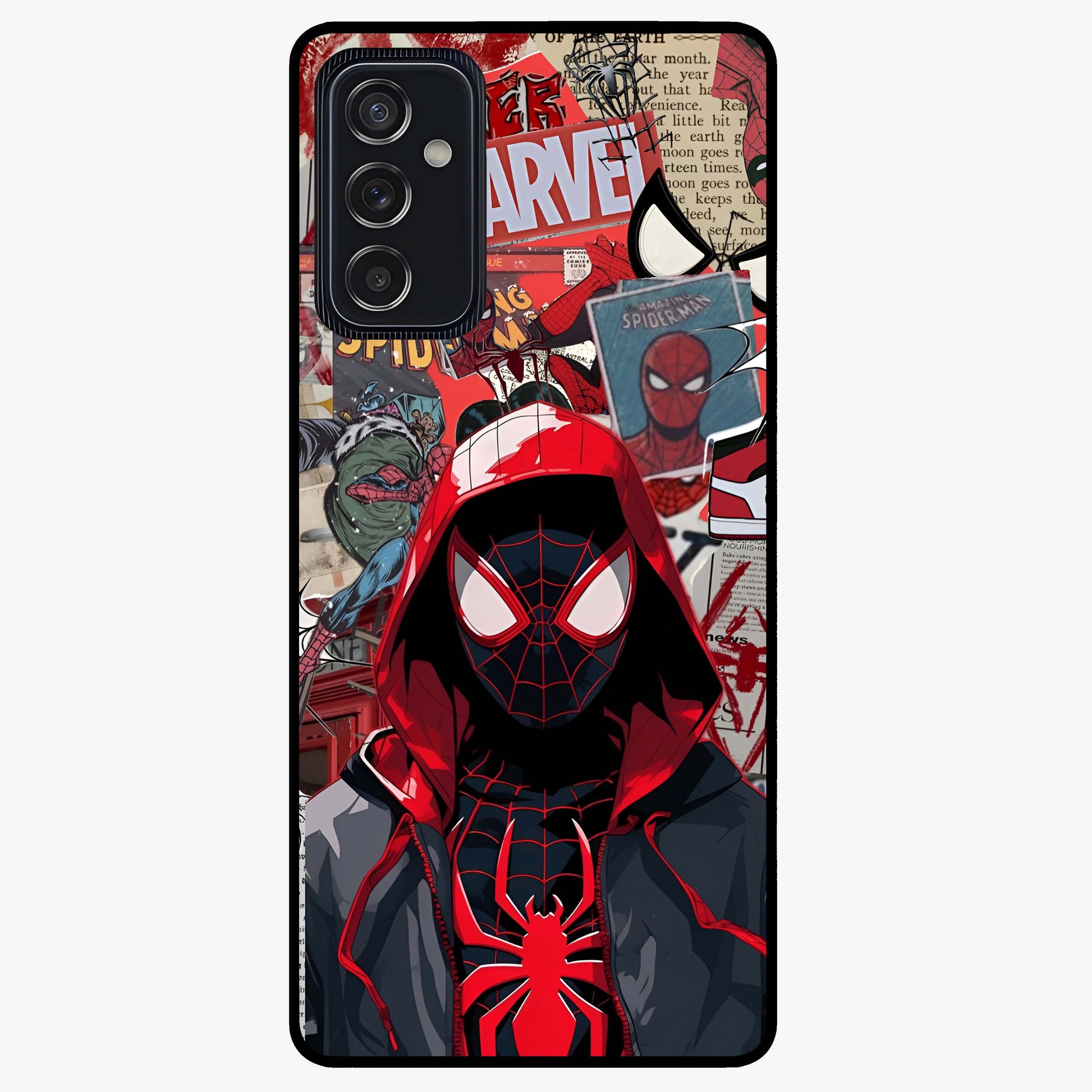 Spider Collage Street Glass Case showing flat back view with vibrant superhero collage artwork and glossy glass finish.