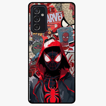 Spider Collage Street Glass Case showing flat back view with vibrant superhero collage artwork and glossy glass finish.
