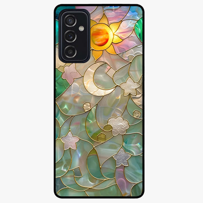 Stained Sunrise Glow Glass Case showing flat back view with glowing sunrise stained pattern artwork and glossy glass finish.