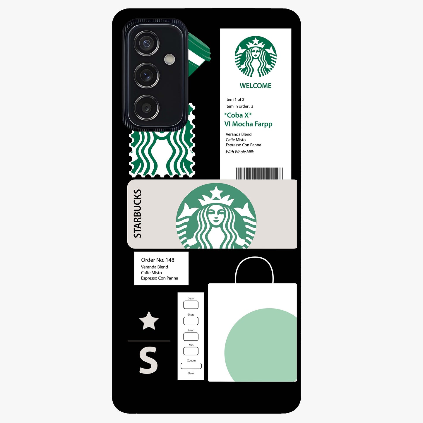 Starbucks Mocha Glass Case showing flat back view with coffee inspired artwork and glossy glass finish.