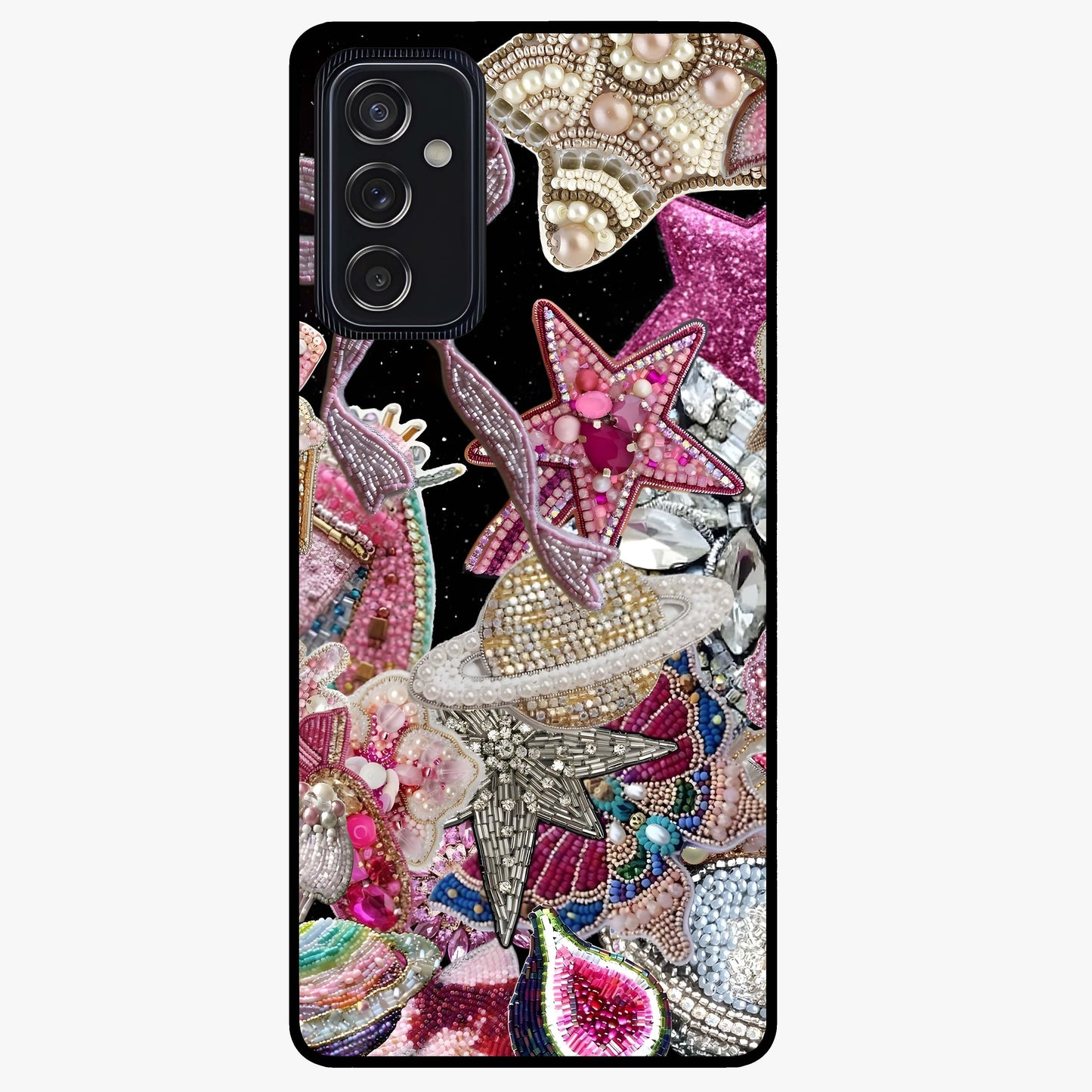 Starlit Jewel Dream Glass Case showing flat back view with sparkling jewel and star themed artwork and glossy glass finish.