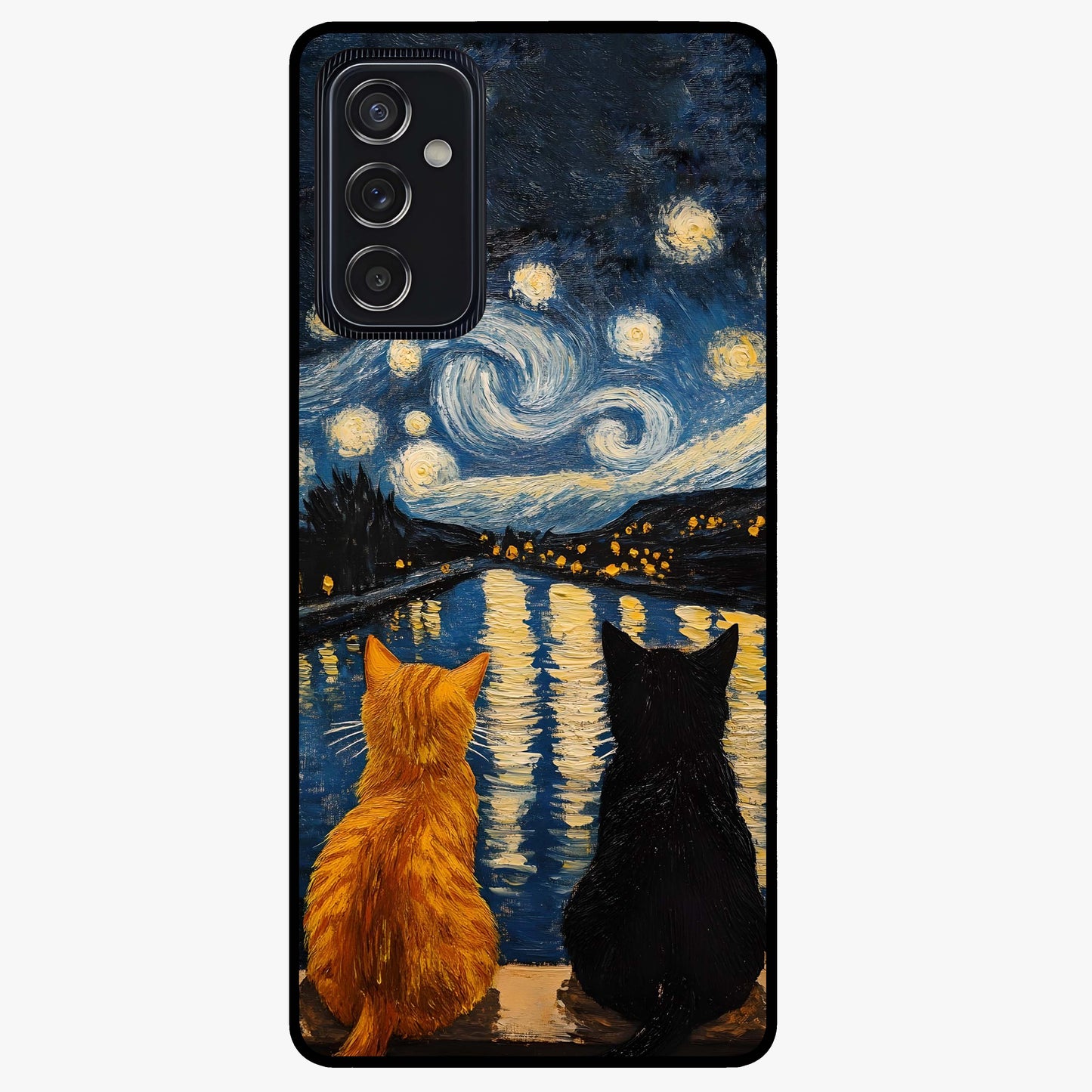Starry River Cats Glass Case showing flat back view with cats by a starry river artwork and glossy glass finish.