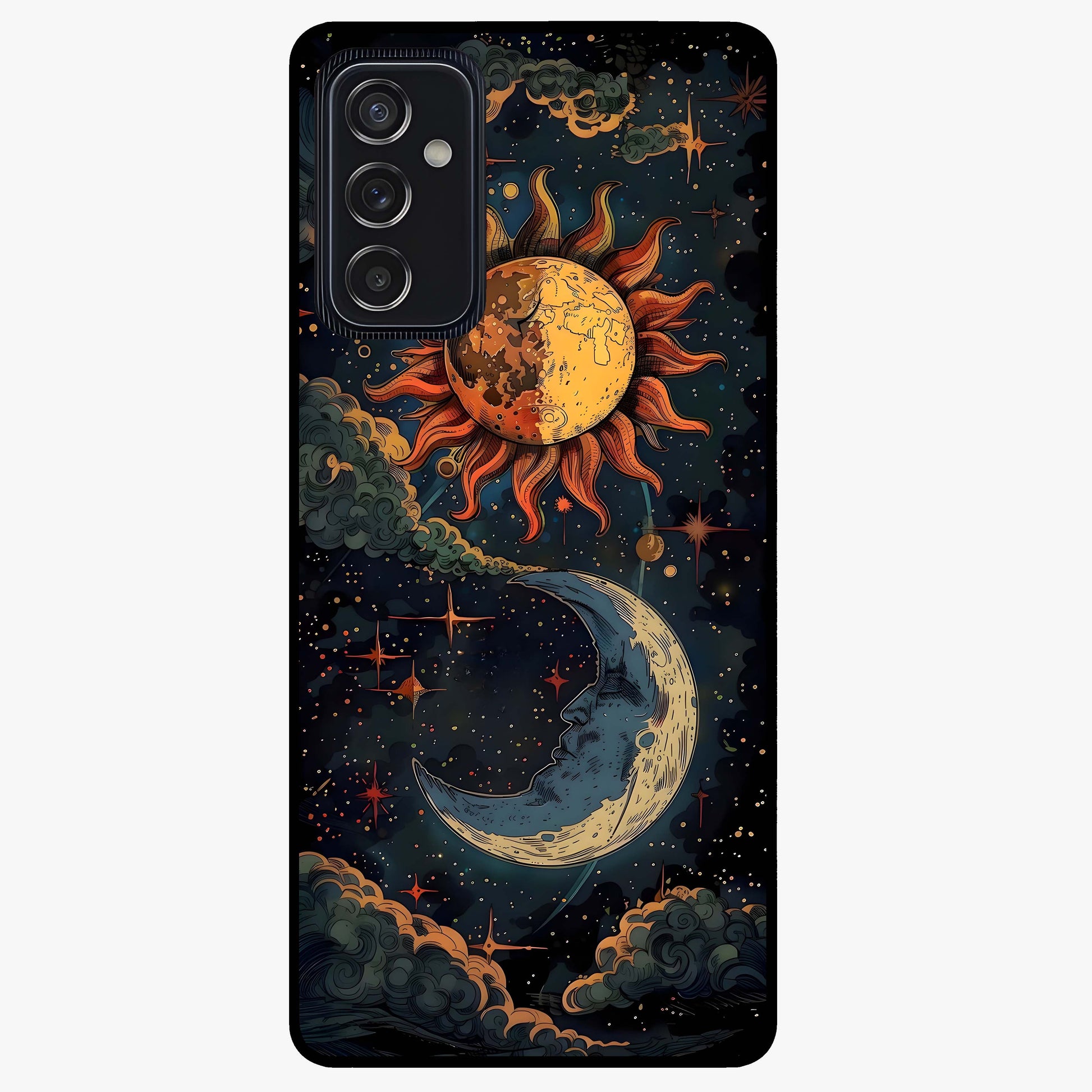 Sun And Moon Magic Design Glass Case showing flat back view with mystical sun and moon artwork and glossy glass finish.