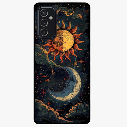 Sun And Moon Magic Design Glass Case showing flat back view with mystical sun and moon artwork and glossy glass finish.