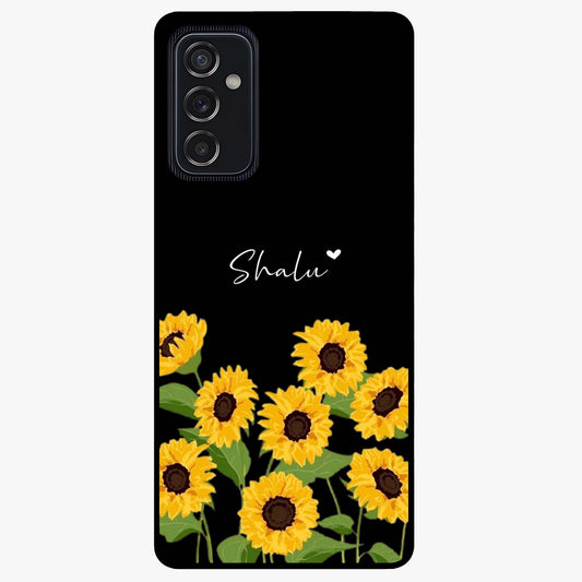 Sunflower Chic Mood Custom Name Glass Case showing flat back view with stylish sunflower artwork and personalized name design.