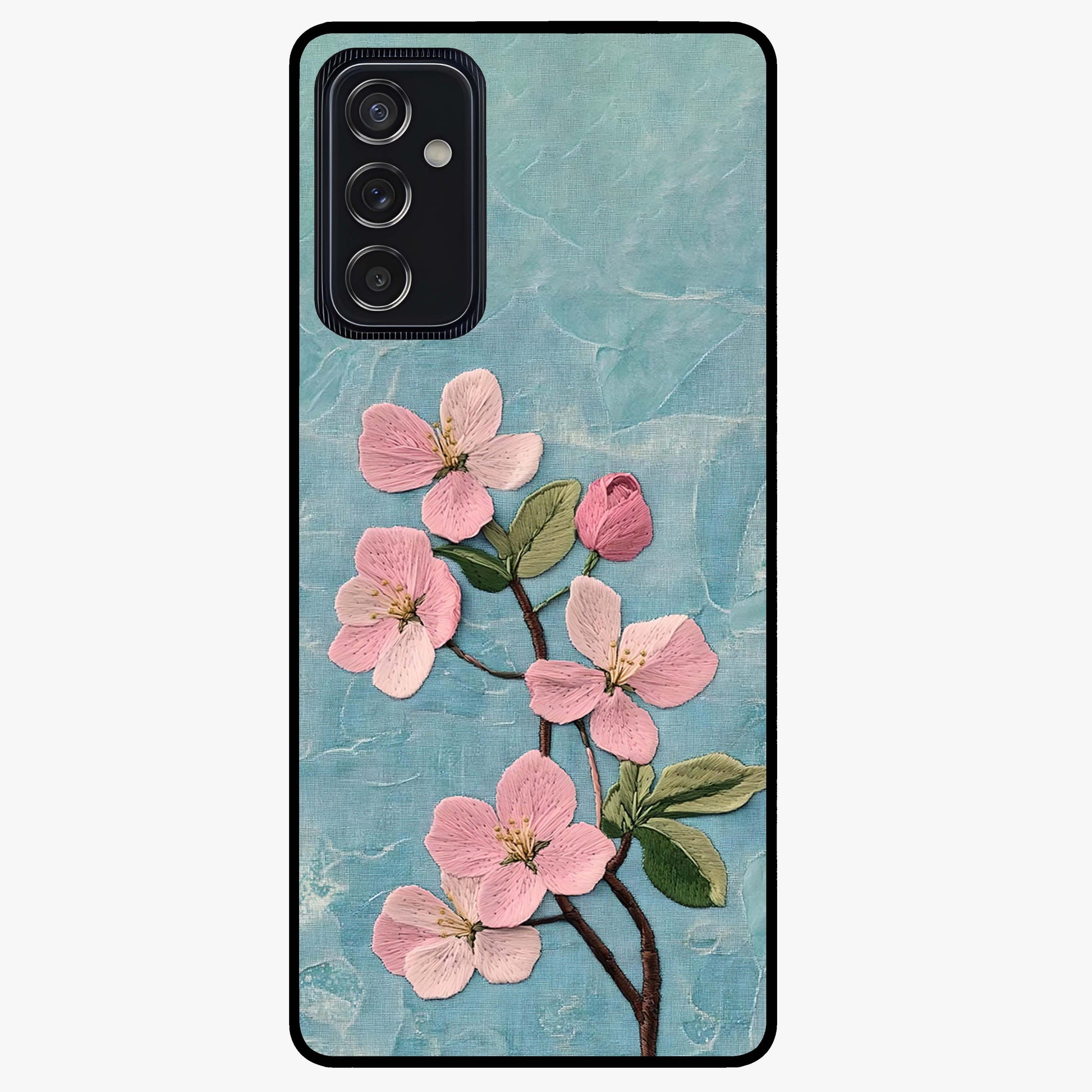 Threaded Blossom Breeze Glass Case showing flat back view with delicate blossom artwork and glossy glass finish.