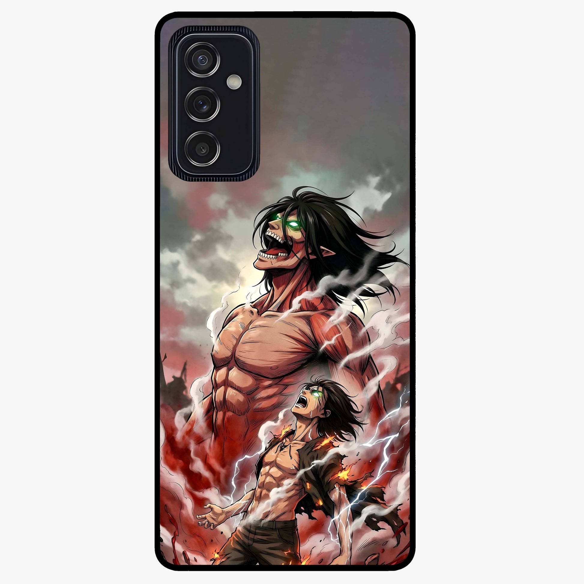 Titan Awakening Fury Glass Case showing flat back view with powerful titan inspired artwork and glossy glass finish.