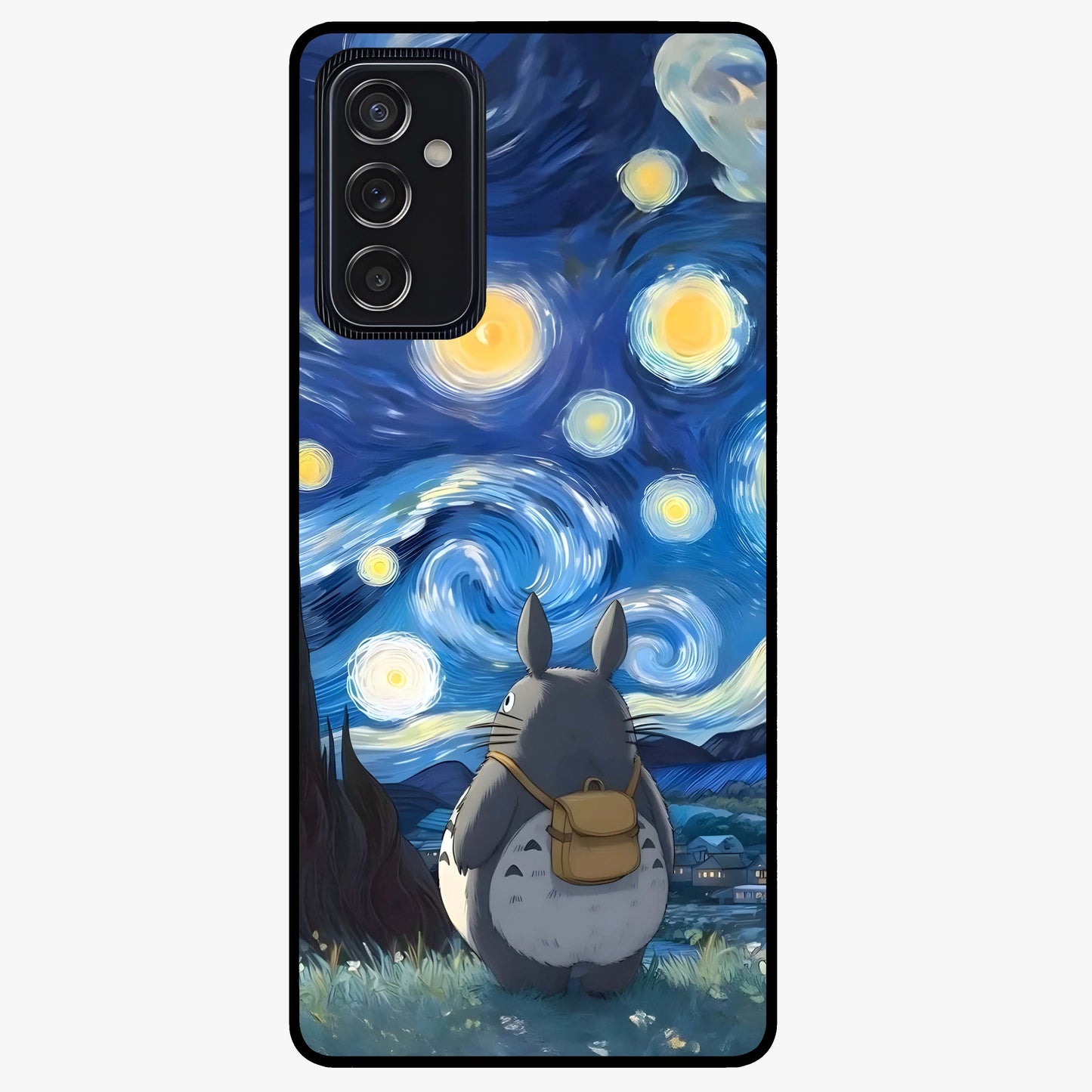 Totoro In Van Gogh Art Glass Case showing flat back view with whimsical character artwork inspired by Van Gogh style and glossy glass finish.