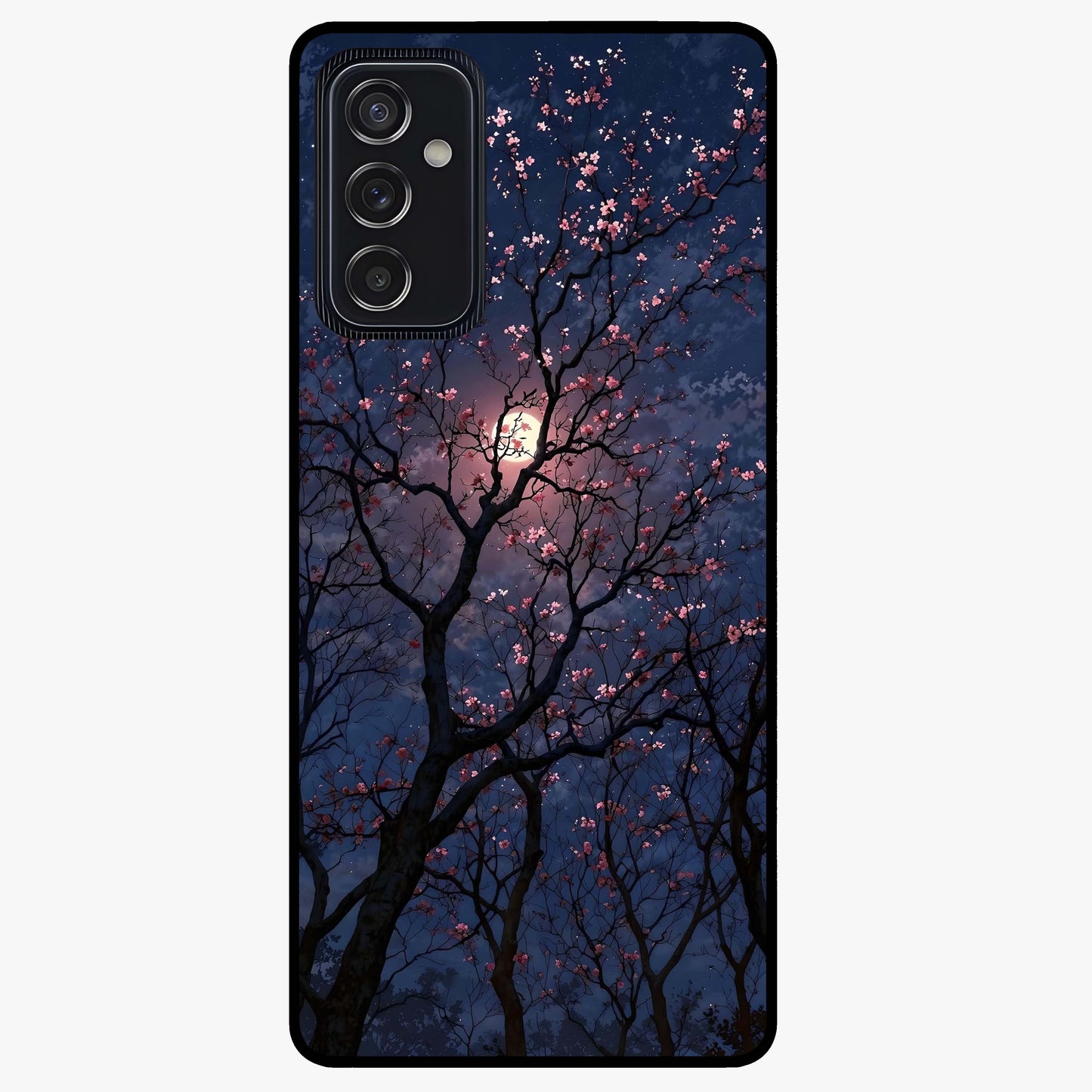 Twilight Sakura Serenade Glass Case showing flat back view with cherry blossom artwork at twilight and glossy glass finish.