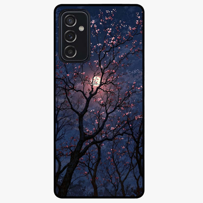 Twilight Sakura Serenade Glass Case showing flat back view with cherry blossom artwork at twilight and glossy glass finish.