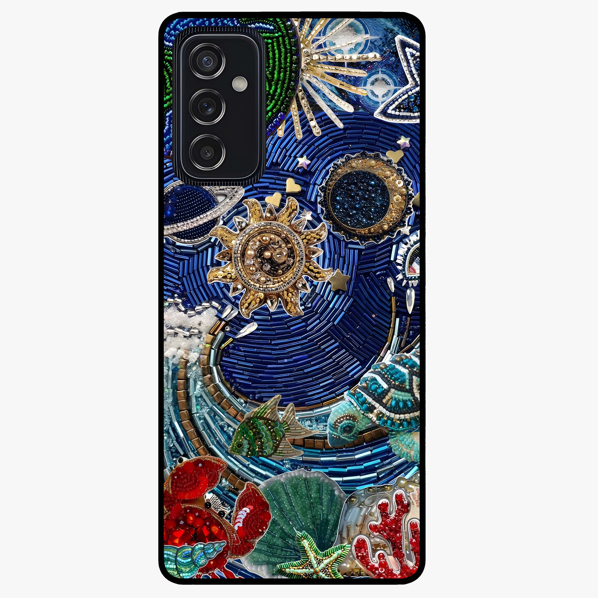 Universe Underwater Spark Glass Case showing flat back view with cosmic underwater themed artwork and glossy glass finish.