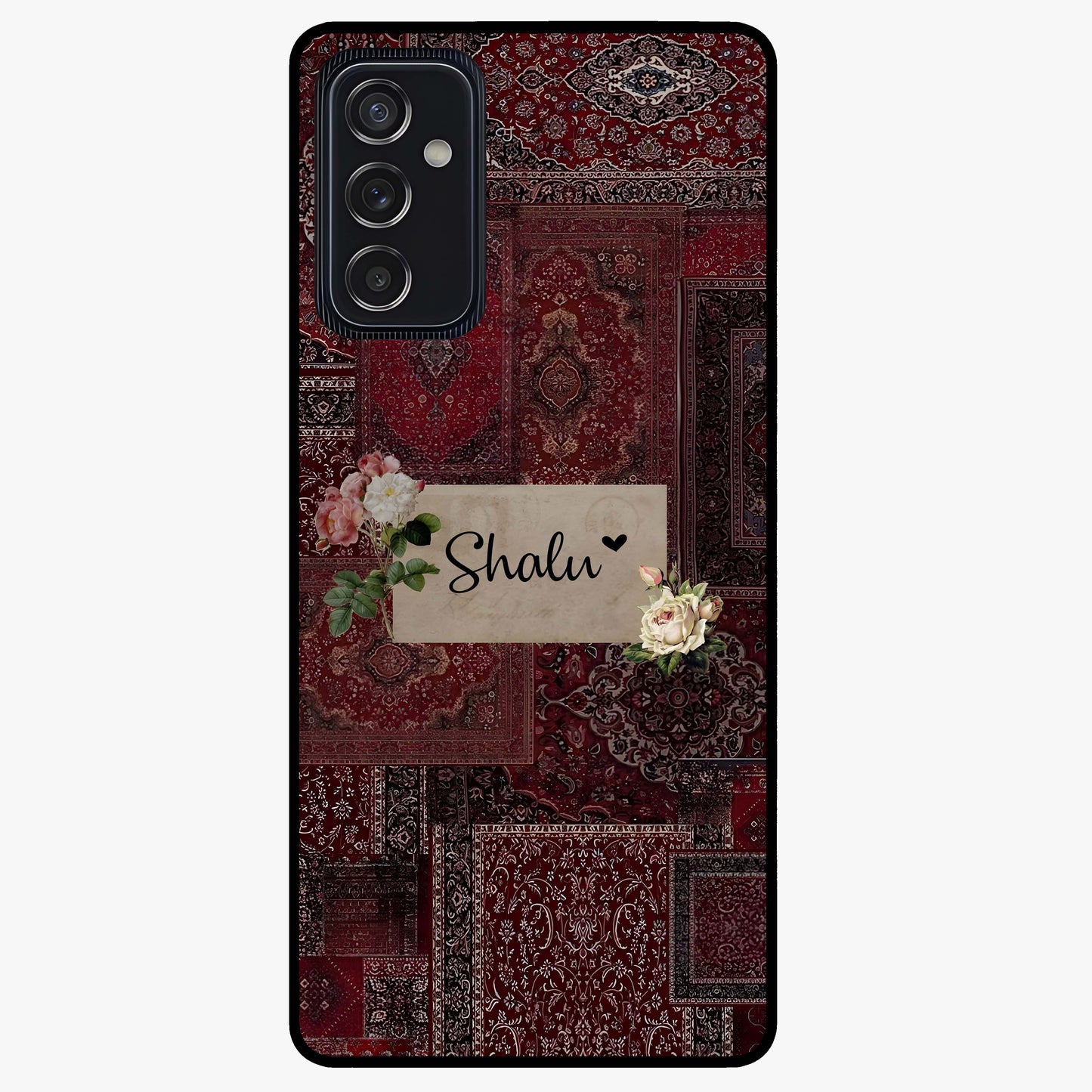 Velvet Wine Pattern Custom Name Glass Case showing flat back view with elegant wine colored pattern artwork and personalized name design.