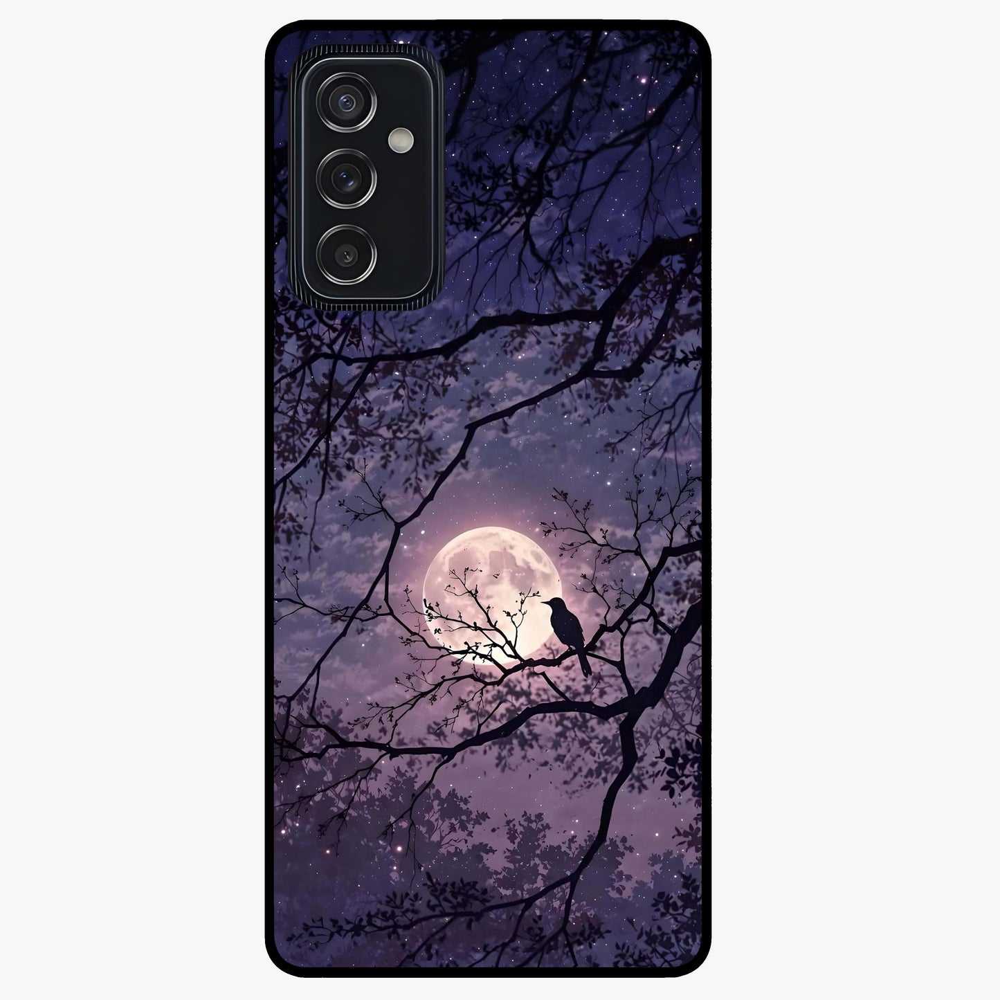 Whispering Moon Silence Glass Case showing flat back view with serene moon themed artwork and glossy glass finish.