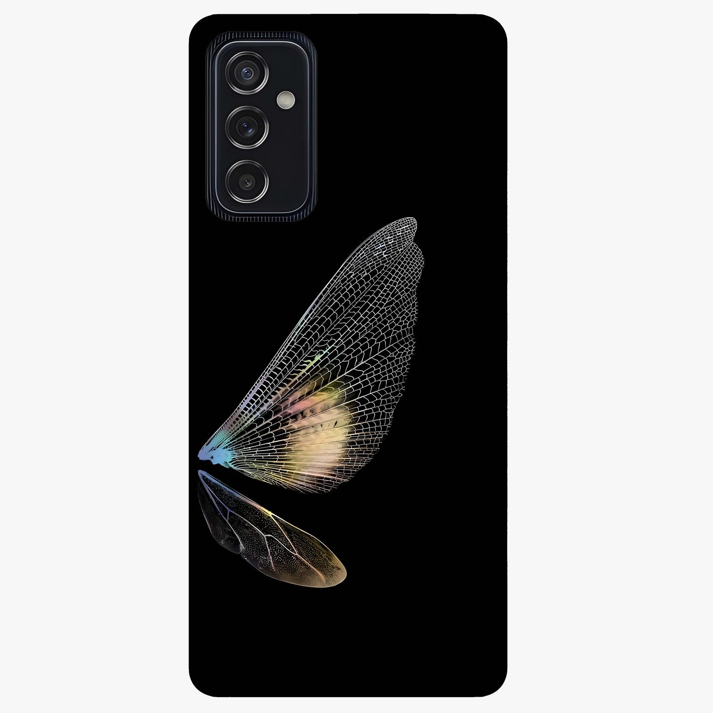 Whispers Of Wings Glass Case showing flat back view with graceful wing inspired artwork and glossy glass finish.
