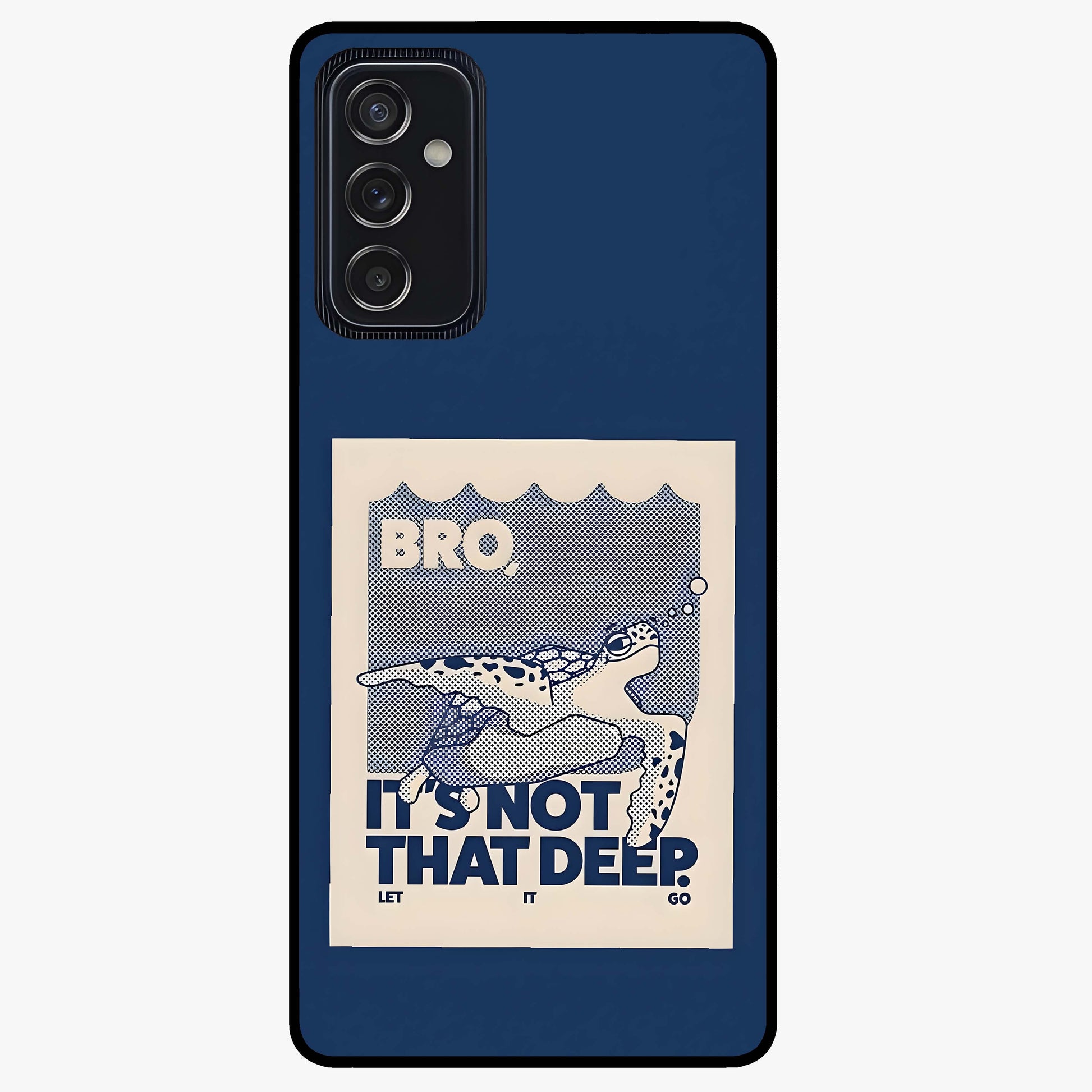 Worry Less Swim Glass Case showing flat back view with playful motivational artwork and glossy glass finish.