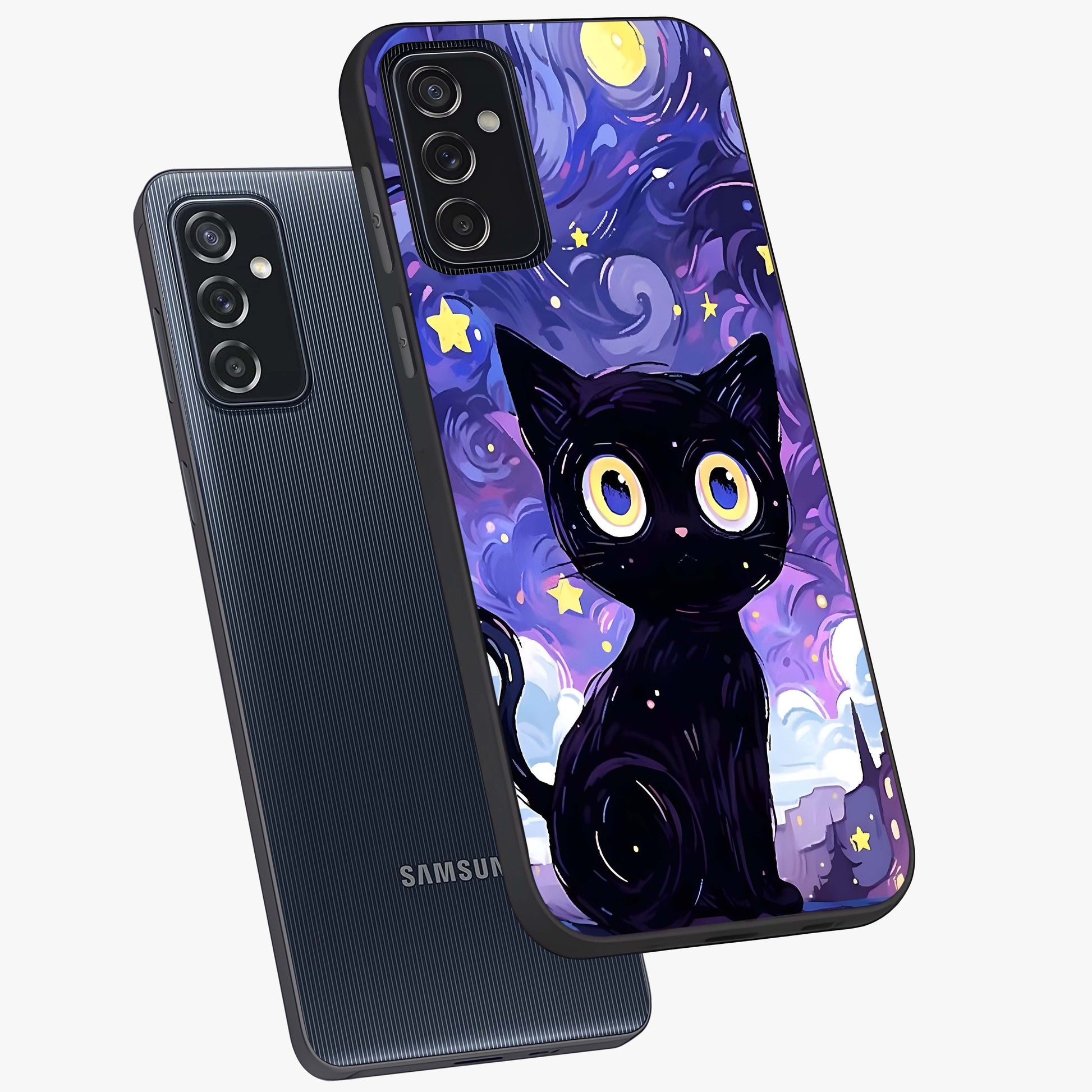 Abstract Cat Art Glass Case displayed in angled mockup highlighting modern abstract cat artwork and sleek glass surface.