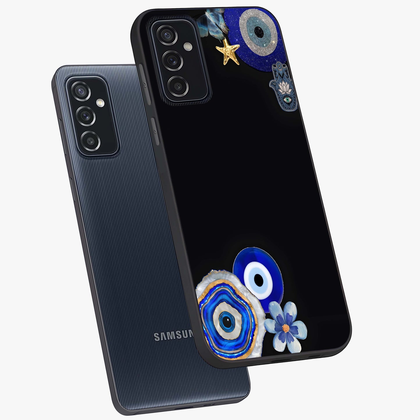 Aesthetic Blue Evil Eye Glass Case displayed in angled mockup highlighting blue evil eye symbol and spiritual aesthetic design.