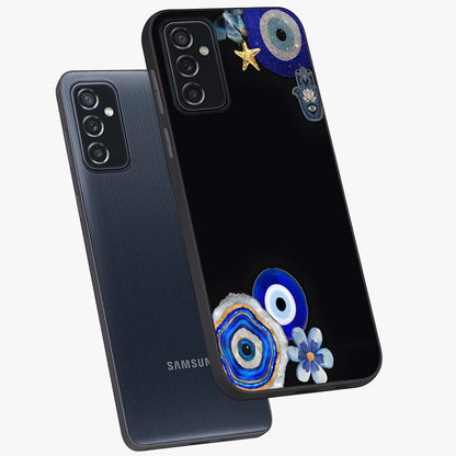 Aesthetic Blue Evil Eye Glass Case displayed in angled mockup highlighting blue evil eye symbol and spiritual aesthetic design.