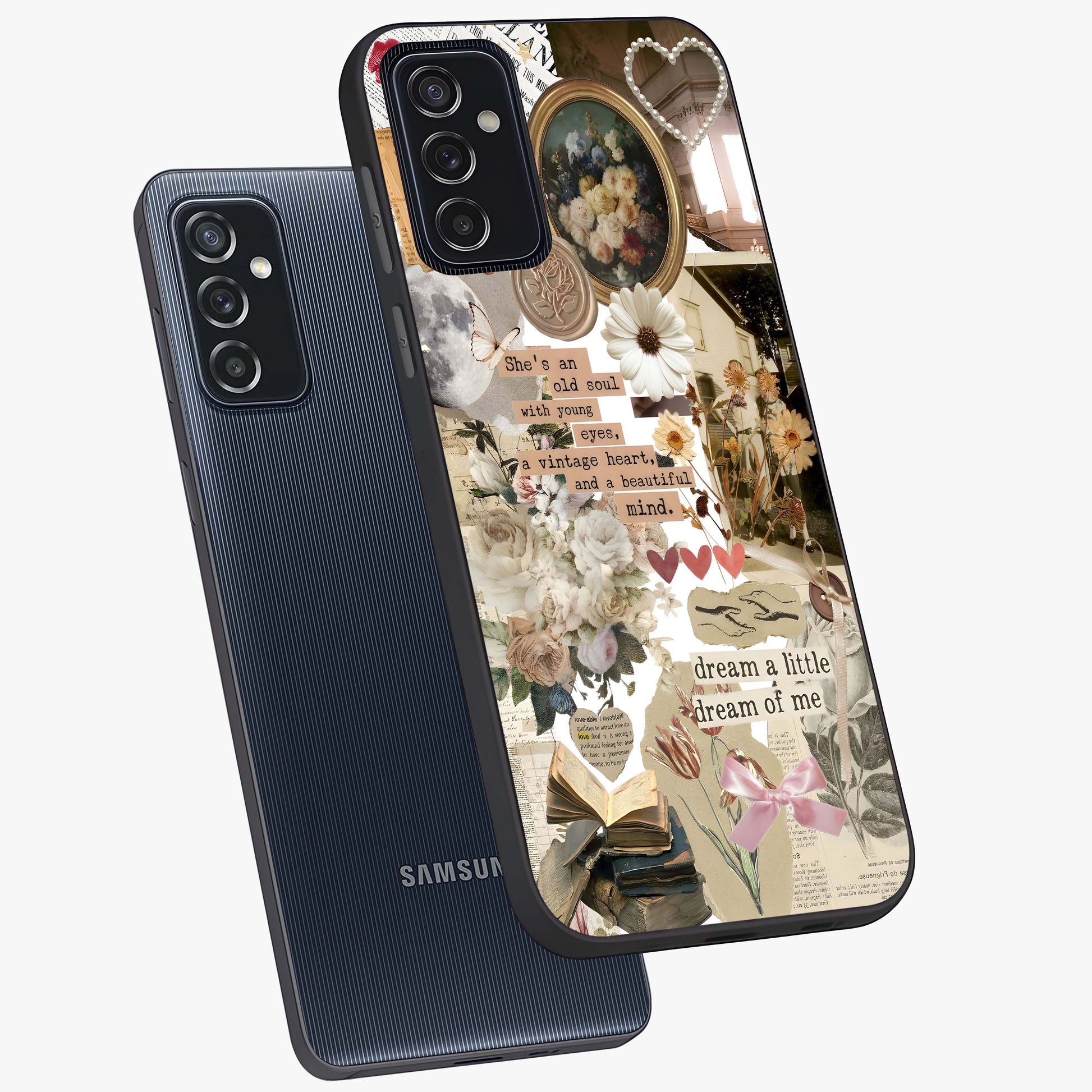 Aesthetic Brown Vintage Collage Glass Case displayed in angled mockup highlighting vintage aesthetic collage design.