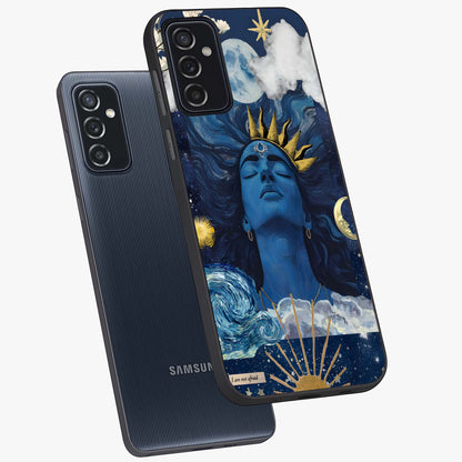 Aesthetic Lord Shiva Glass Case displayed in angled mockup highlighting spiritual Shiva illustration and sacred aesthetic design.