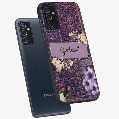 Antique Floral Whisper Custom Name Glass Case displayed in angled mockup highlighting elegant antique floral aesthetic.