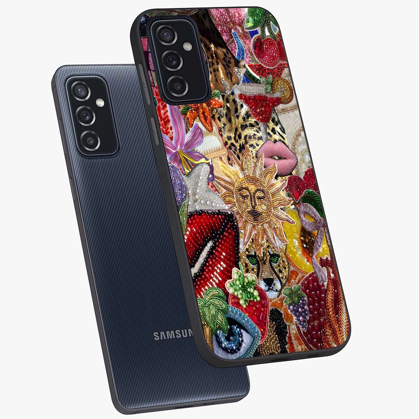 Beaded Fashion Jungle Glass Case displayed in angled mockup highlighting colorful fashion bead design and artistic pattern.